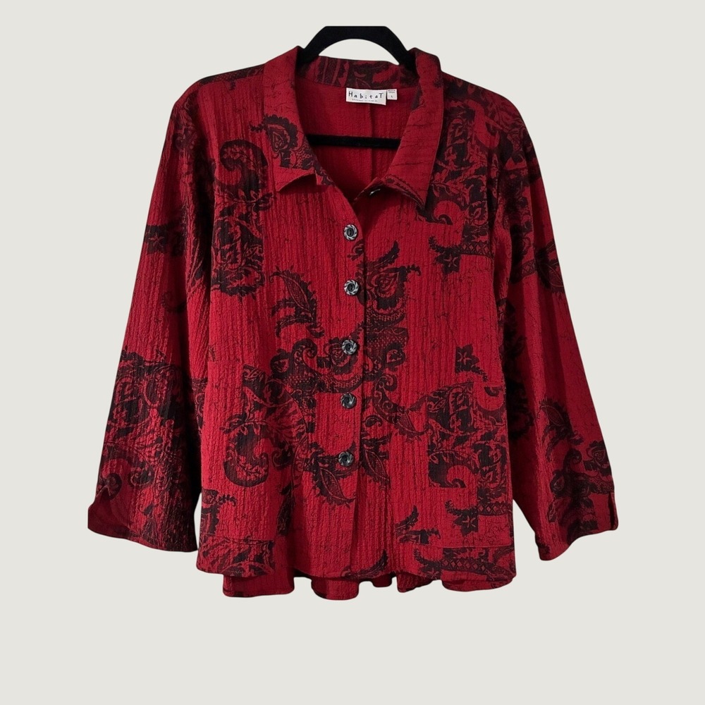 Habitat Red Black Retro Paisley Crinkle Button Front Shirt Top Large